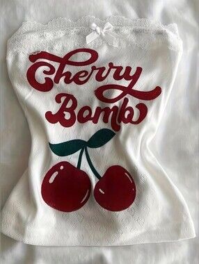 Textured Fabric Letter Cherry Print Lace Patchwork Strapless Top Camisole